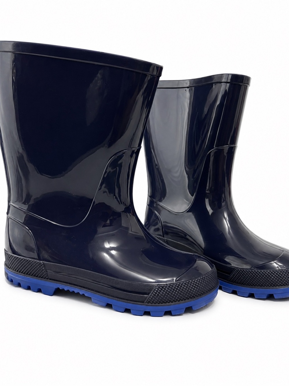 Kids Waterproof Navy Rain Boots with Bright Blue Soles
